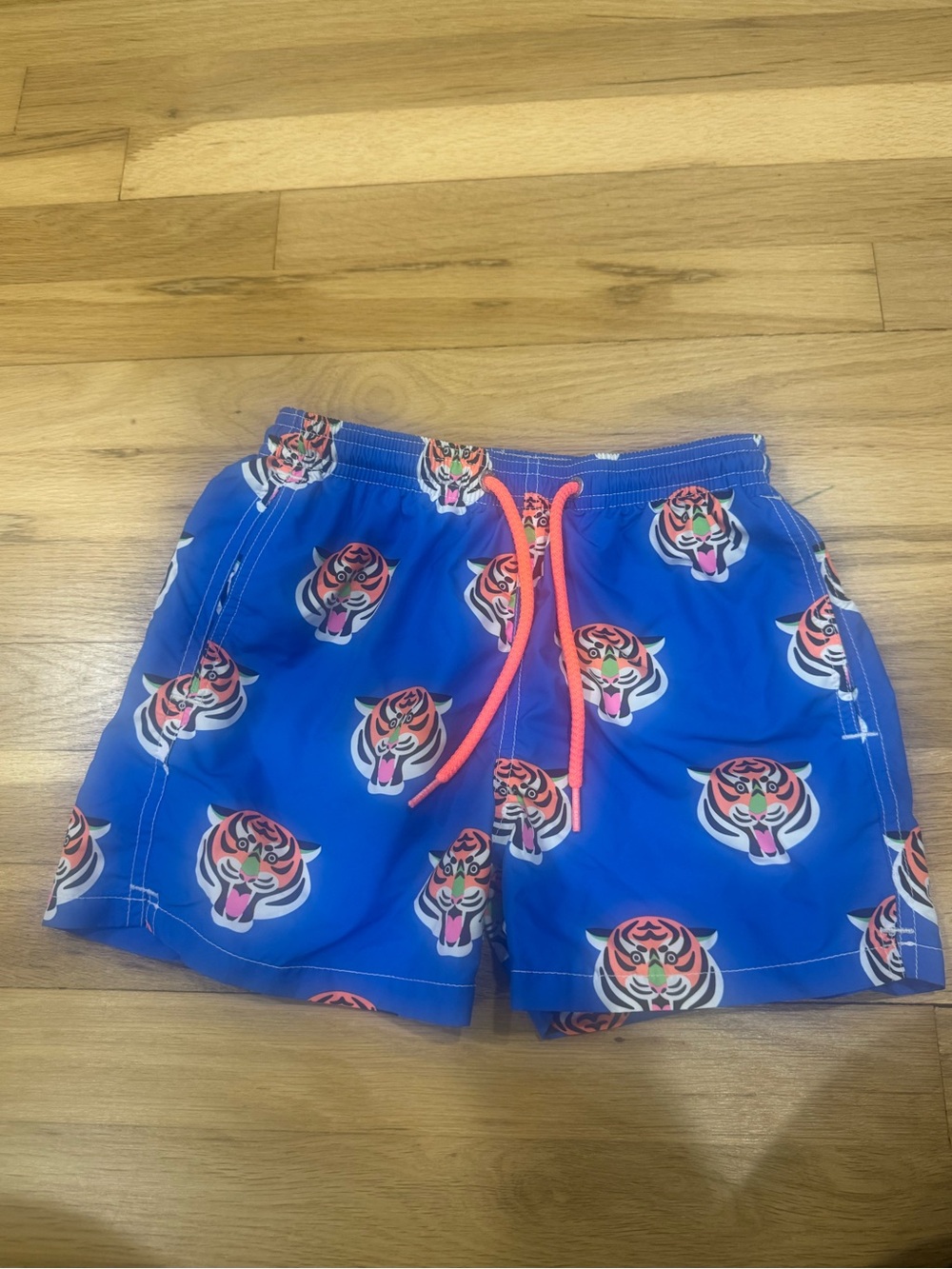 MC2 Saint Barth Kids Blue Swim Trunks with Orange Drawstring and Tiger Print